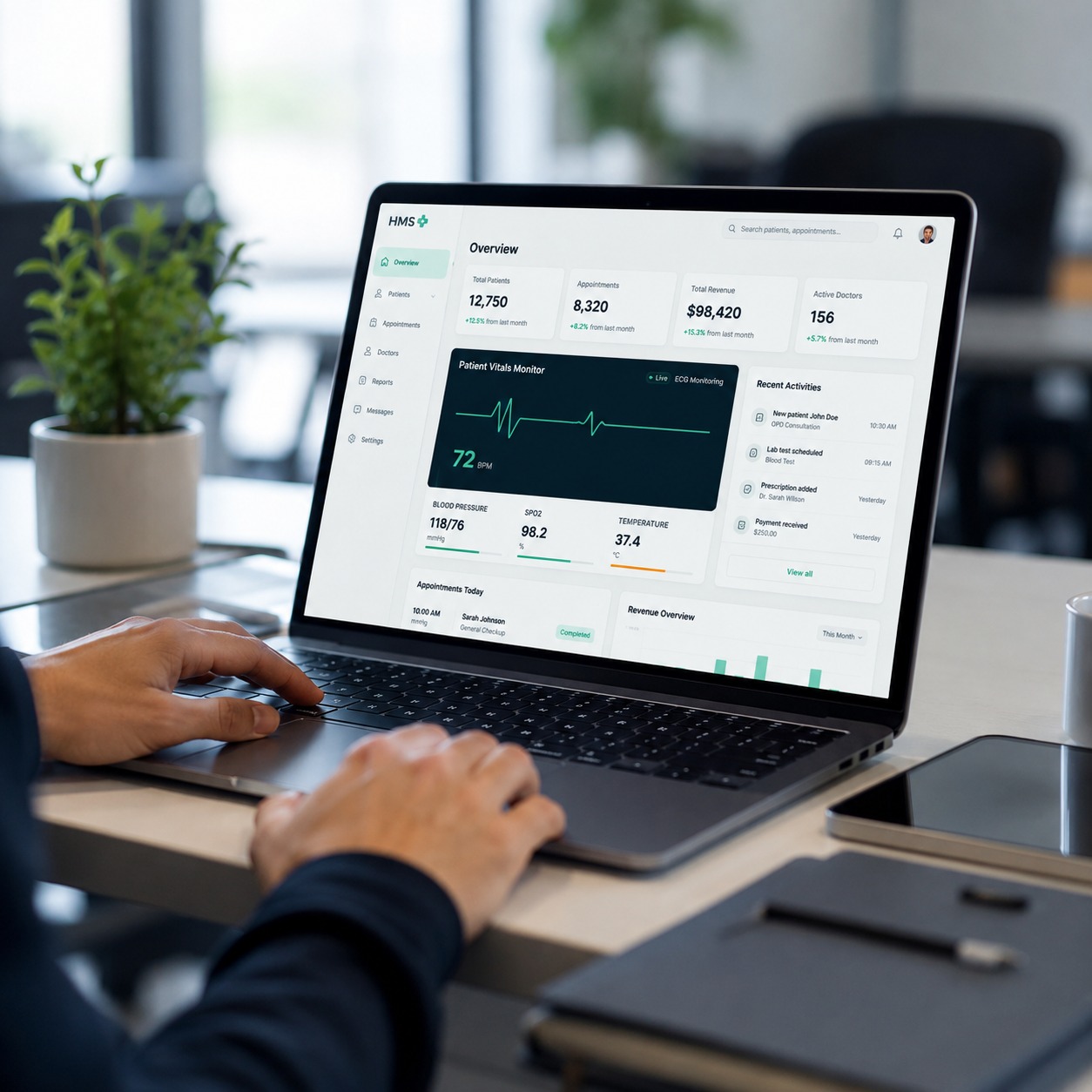Healthcare software dashboard displaying patient monitoring and clinical data.